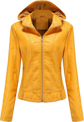 Women's Faux Leather Jacket Women Motorcycle Coat for Biker PU Lambskin Leather Jacket Womens with Removable Hood