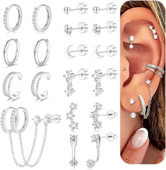 Florideco 14K Gold Plated Earrings for Women Hypoallergenic 20G Surgical Stainless Steel Flat Back Stud Earrings Dainty Stackable Earring Stacks Small Cartilage Earring Sets for Multiple Piercing