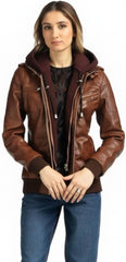 Women's Leather Bomber Jacket with Removable Hood Women's Motorcycle Jacket