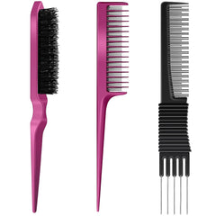 3 Pieces Pick Teasing Combs Hair Brush Set Includes Black Carbon Lift with Metal Prong, Triple Pin Rat Tail Comb, Nylon Bristle Hair Brush for Women(Black and Red)