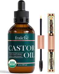 Live Fraiche Organic Castor Oil Lash Serum for Hair Growth, 100% Pure Eyebrow Eyelash Growth Serum, Cold Pressed Hexane Free (2oz Glass Bottle + FILLED Mascara Tube)