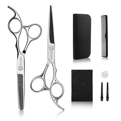 Sirabe 10 PCS Hair Cutting Scissors Set, Professional Haircut Scissors Kit with Cutting Scissors, Thinning Shears, Comb, Cape, Clips, Black Hairdressing Texturizing Shears Set for Barber, Salon, Home