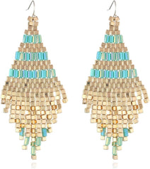Fashion Bohemian Ethnic Style Metallic Luster Hand Woven Geometric Rice Bead Earrings Vintage Long Tassels High-end Personality Exotic Jewelry