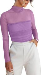 REORIA Women’s Trendy Sexy Mock Turtle Neck Long Sleeve Sheer Mesh Ruched Going Out Bodysuits Tops