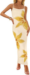 ZESICA Women’s Summer Bodycon Maxi Dresses 2025 Floral Spaghetti Strap Square Neck Sleeveless Boho Beach Long Dresses