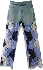 Women High Waist Lace Patchwork Jeans Straight Embroidered Denim Pants Hollow Out Style
