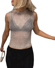 Amiblvowa Sequin Tank Top Women Y2k Sexy Sleeveless Sparkly Crop Camisole Slim Shiny Glitter Cami Going Out Party Vest Shirts