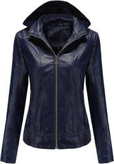 Women's Faux Leather Jacket Women Motorcycle Coat for Biker PU Lambskin Leather Jacket Womens with Removable Hood