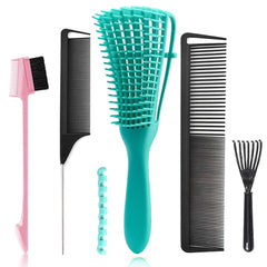 EZ Detangler Brush with Edge Brush, Rat Tail Combs Set for Natural, Curly, Wet/Dry, Black Hair, Flex Detangling Brush set for Hair Style and Cuting, No Pain and Easy Clean in Daily Use(Pink + Black)