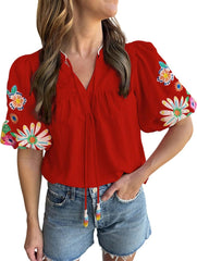 Women's Casual Floral Embroidered V Neck Boho Puff Short Sleeve Shirts Loose Tunic Summer Blouses Tops Fashion Clothes 2025