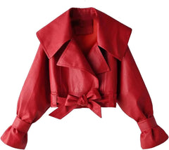 Autumn Women's PU Leather Jacket with Turn-Down Collar and Belt Closure