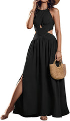 CHICME Women's Sleeveless Halter Neck Dress Criss Cross Tie Back Split High Maxi Dress