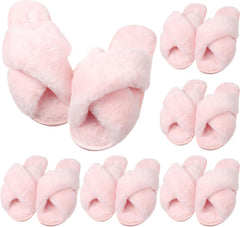 VAIPI 6 Pairs Womens Cross Band Slippers Fuzzy Plush House Bridesmaid Slipper White | Black | Pink Open Toe Fluffy Slipper Soft Warm Bridal Slippers