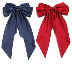 Furling Pompoms Hair Bows for Women,Large Satin Silky Hair Bow Clips Ribbon Long Tail French Barrette Hair Clamps Girls Hair Accessories Party Wedding Christmas Thanksgiving (Navy White)