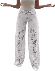 Women's Lace Patchwork Hollow Jeans, Casual Vintage Baggy Straight Wide Leg Denim Pants, Floral Hollow Out Pants