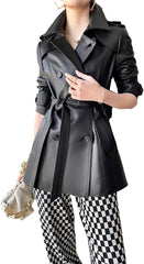 Women Spring Double Breasted Belt British Elegant Soft PU Leather Trench Coat