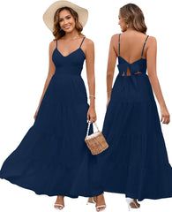 HTZMO Women Casual Summer Floral Maxi Sundress V Neck Spaghetti Strap Bow Tie Backless Flowy Boho Beach Long Dress 2025