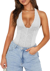 Summer Sexy Floral Lace Halter Deep V Neck Sleeveless Backless Trendy Going Out Corset Body Suits