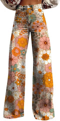 Women Wide Leg Flare Jeans with Pockets Baggy Pants Vintage Floral Print High Waisted Loose Jeans