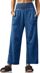 Cicy Bell Womens Smocked Barrel Jeans Casual Trendy High Waisted Baggy Pull On Denim Pants