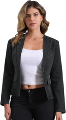 Allegra K Women Cropped Jean Jacket Long Sleeve Collarless One Button Lightweight Stretchy Fitted Denim Shacket Jackets
