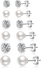 LOUMILEO 6 Pairs Pearl Earrings Set Hypoallergenic Small Sterling Silver Stud Earrings for Women Man 3-10MM Tiny Cartilage Piercing Pearl Studs for Multiple Piercing