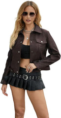 Women's leather long sleeve lapel coat casual jacket