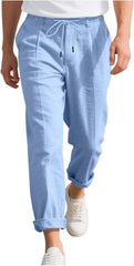 Zeiyignr Mens Casual Cotton Linen Pants Plain Loose Fit Elastic Drawstring Waist Straight-Legs Summer Yoga Beach Long Pants