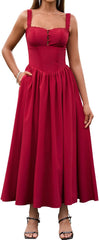 KUTUMAI Women Summer Lace Square Neck Midi Dress Corset Smocked Flowy A Line Beach Wedding Guest Dresses with Pockets