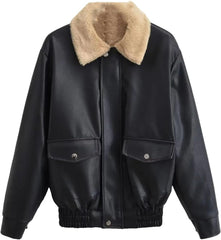 Hgvcfcv Women Leather Jacket Faux Moto Jacket Thicken Fleece Lined Parka Winter Fluffy Coat