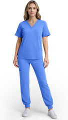 Scrubs for Women Set, Stretchy V-Neck Top & Jogger Pants with Multi-Pocket Yoga Waistband