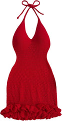 GORGLITTER Women's Crochet Halter Bubble Mini Dress Bow Backless Summer Bodycon Knit Dress Vacation Festival Outfits