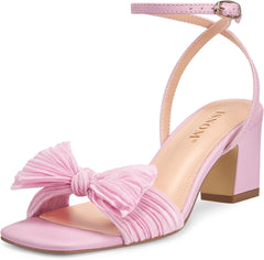 ISNOM Women's Bow Knot Heeled Sandals Ankle Buckle Strap Open Toe Block Chunky Heels Bride Wedding Party Fashion Heel