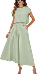 HangNiFang Summer Skirt Sets Women 2 Piece Outfits Cap Sleeve Top Elastic Waist Lightweight Maxi Dress Sets with Pockets