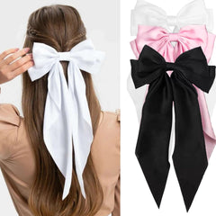Hair Bows for Women - 3 Pcs Large Ribbon Hair Clips with Long Tail Tassels, Big Hair Barrettes for Girls (Black, Red, Beige)