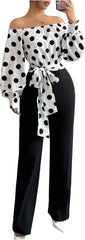 WDIRARA Women's Polka Dots Off Shoulder Bishop Long Sleeve Belted Jumpsuit