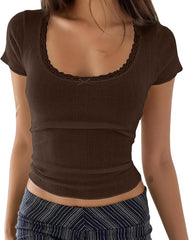 Cioatin Women Y2K Lace Bow Patchwork Pointelle Crop Tshirt Short Sleeve Scoop Neck Fitted Girls Coquette Tee Tops Summer
