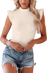 Allimy Womens Casual Summer High Mock Neck Ruffled Sleeve Ribbed Tanks Tops Slim Fit Blouse Shirts