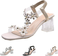New Women Rhinestone Flower Clear Block Heel Sandals,Elastic Ankle Strap Chunky Square Open Toe Heeled Sandals Party Wedding,Open Toe Sexy Elegant Dress Shoes