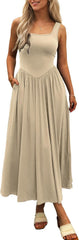 Women's Summer Maxi Dress 2025 - Sleeveless Square Neck Casual Beach Sundress with Pockets, Flowy Patchwork Knit