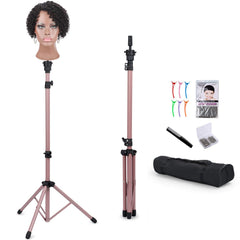 Klvied Reinforced Wig Stand Tripod Mannequin Head Stand, Adjustable Holder for Cosmetology Hairdressing Training with T-with Caps, T-Pins, Comb, Hair Clip, Carrying Bag