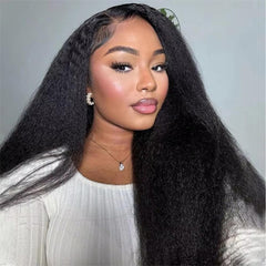 BGM GIRL Kinky Straight 3 in 1 Half Wig Human Hair Glueless Wear and Go No Lace Flip Over Wig With Adjustable Drawstring 180 Density Natural Look Wig For Women 16 Inch