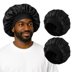 2PCS Silk Satin Bonnet for Men Sleeping, Soft Hair Cap for Locs Dreads Braids, Lightweight Night Bonnet for Curly Hair Protection (Black Silver)