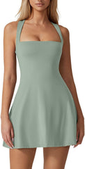 QINSEN Womens Square Neck Tennis Dress Sleeveless Built in Shorts Golf Athletic Dress with Pockets