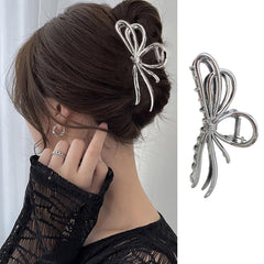 1Pcs Metal Silver Bow Hair Claw Clips - Large Fashion Hair Accessories for Women Girls, Strong Hold Alloy Elegant Jaw Grip Clips for Thin or Thick Hair Styling