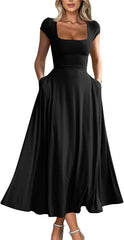 YMDUCH Women's Casual Short Sleeve Square Neck Solid Slim Flowy Maxi Dress with Pockets