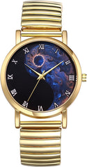 JewelryWe Men Women Couple Watch: His and Her Gold Pairs Watches Roman Numerals Tai Chi Yin-Yang Design Quartz Analog Elastic Band Wristwatch