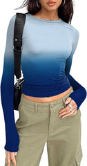Long Sleeve Shirts for Women - Casual Y2K Printing Crop Tops Crewneck Slim Fit T-Shirt Tees