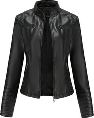 Women'S Faux Leather Jacket Retro Motorcycle Stand Collar Zipper Jacket Slim Casual Street Jacket