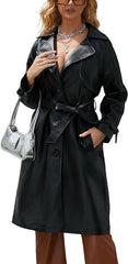 utcoco Womens Faux Leather Long Trench Coat Notched Lapel Single Breasted PU Blazer Coats Overcoat with Belt